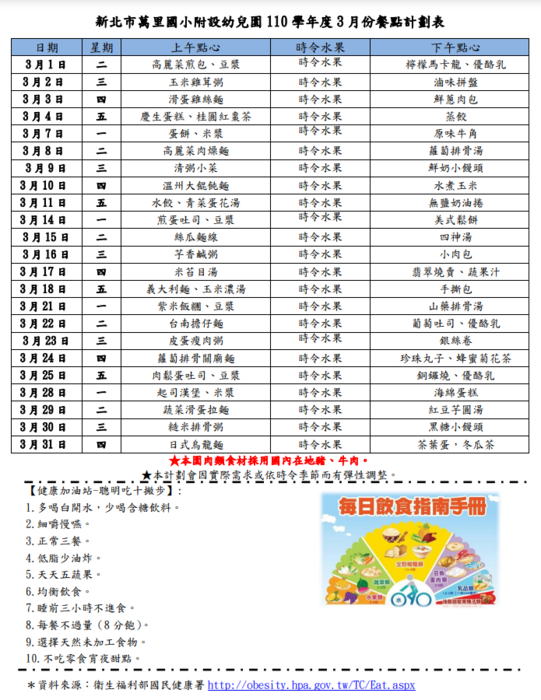 110 學年度第二學期 3月 餐點表圖片