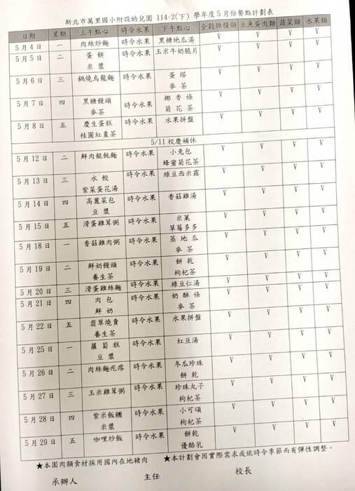 114-2學期5月份餐點表